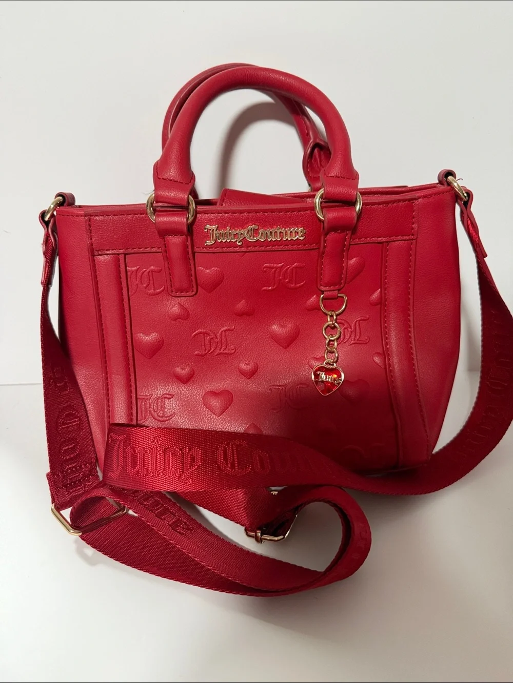 Juicy Couture Red Heart-Embossed Crossbody Satchel with Gold Charm